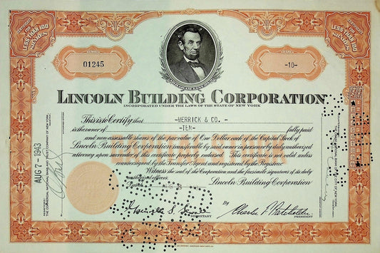 Lincoln Building Company (with Abraham Lincoln's Photo) Stock Certificate - 1 Grand Central Bdlg