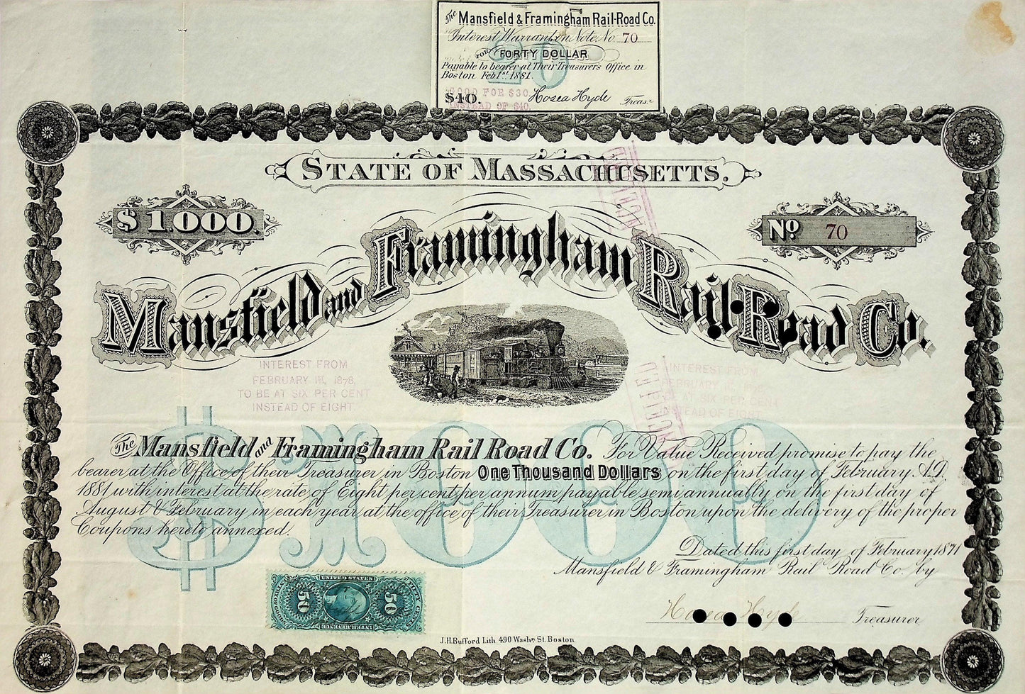 Mansfield & Framingham (Massachusetts) Railroad Company Bond Certificate - Rare from 1870s