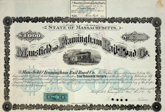 Mansfield & Framingham (Massachusetts) Railroad Company Bond Certificate - Rare from 1870s