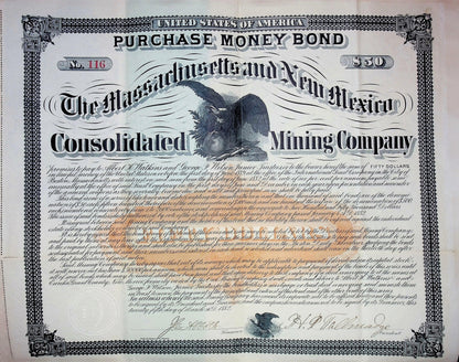 Massachusetts & New Mexico Consolidated Mining Company Bond Certificate 1882