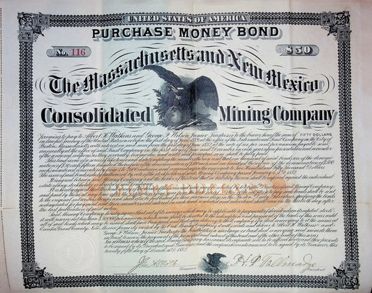 Massachusetts & New Mexico Consolidated Mining Company Bond Certificate 1882