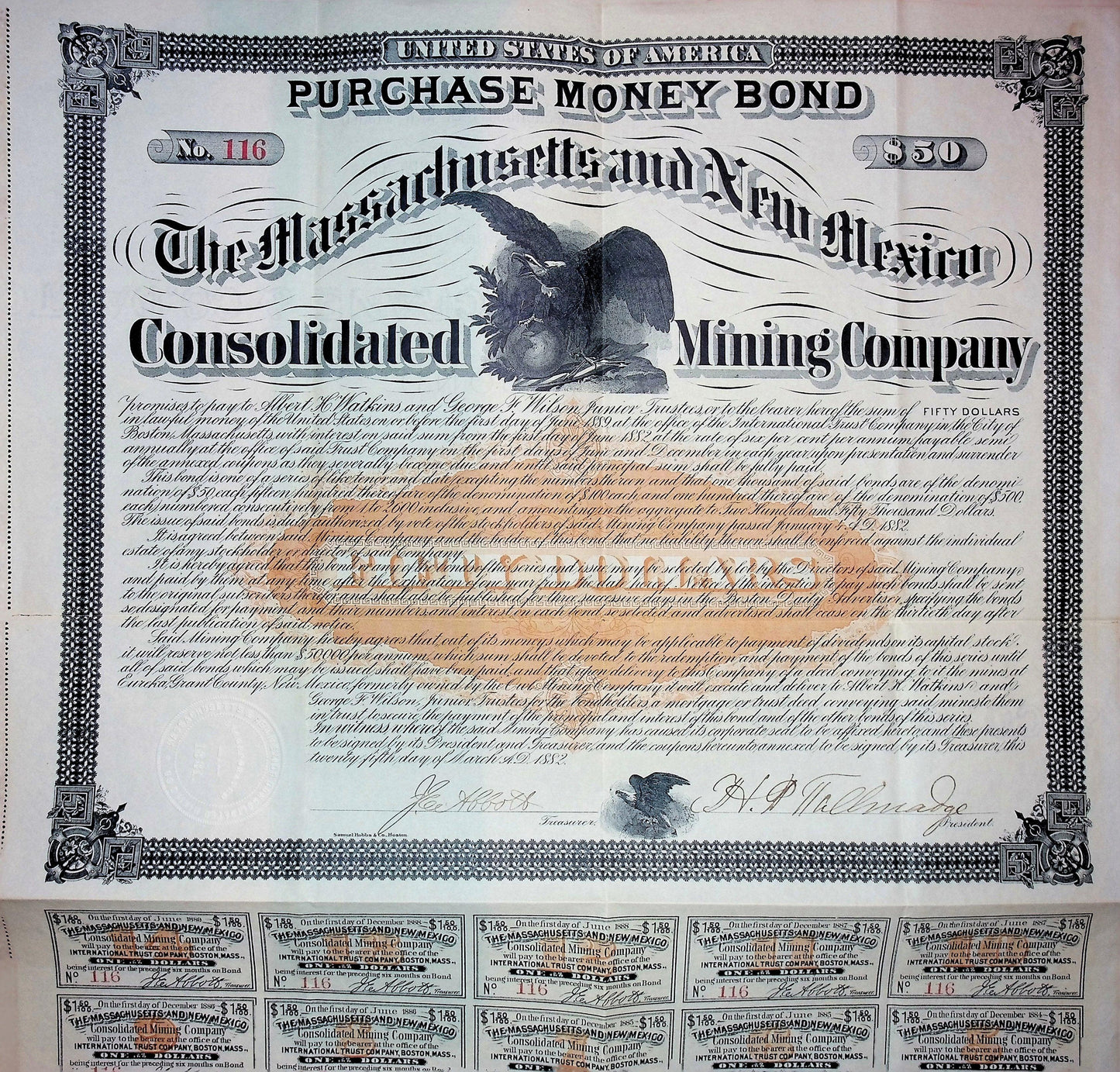 Massachusetts & New Mexico Consolidated Mining Company Bond Certificate 1882