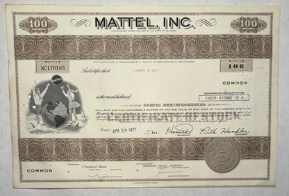 Mattel Inc Stock Certificate (Toy Company) $MAT