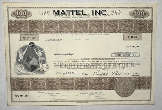 Mattel Inc Stock Certificate (Toy Company) $MAT