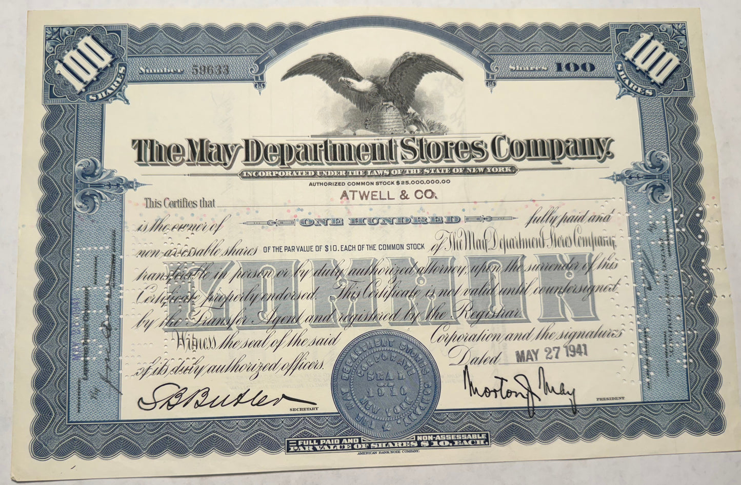 May Department Store Stock Certificate, 1941, Blue with cancelation holes 