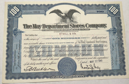 May Department Store Stock Certificate, 1941, Blue with cancelation holes 