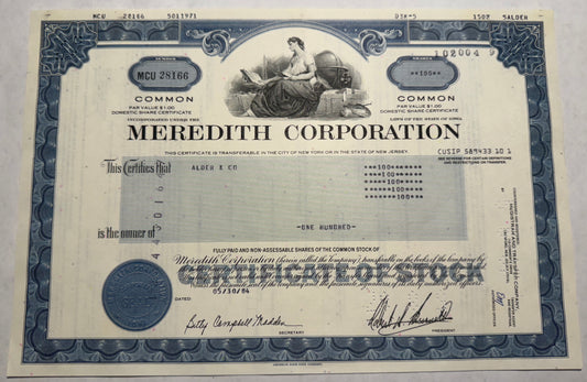 blue stock certificate from Meredith Corporation, issued in 1984