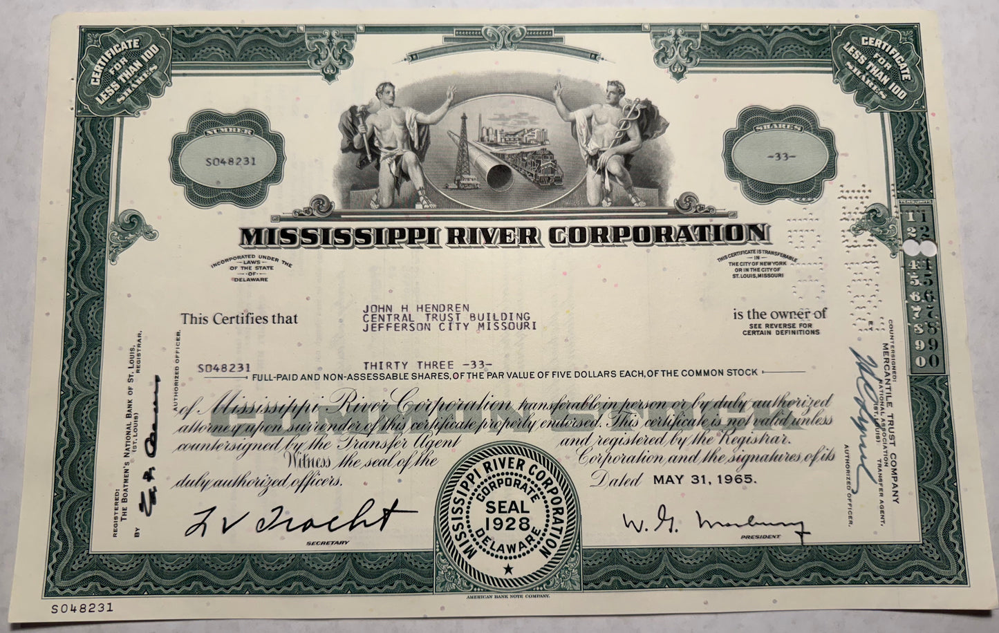 Mississippi River Corporation Stock Certificate