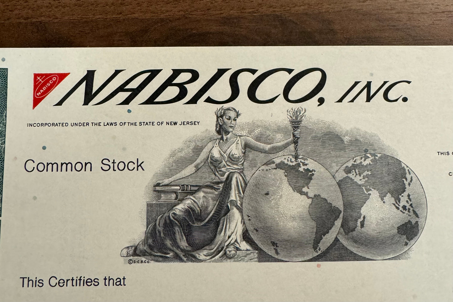 Nabisco Inc, Specimen Stock Certificate