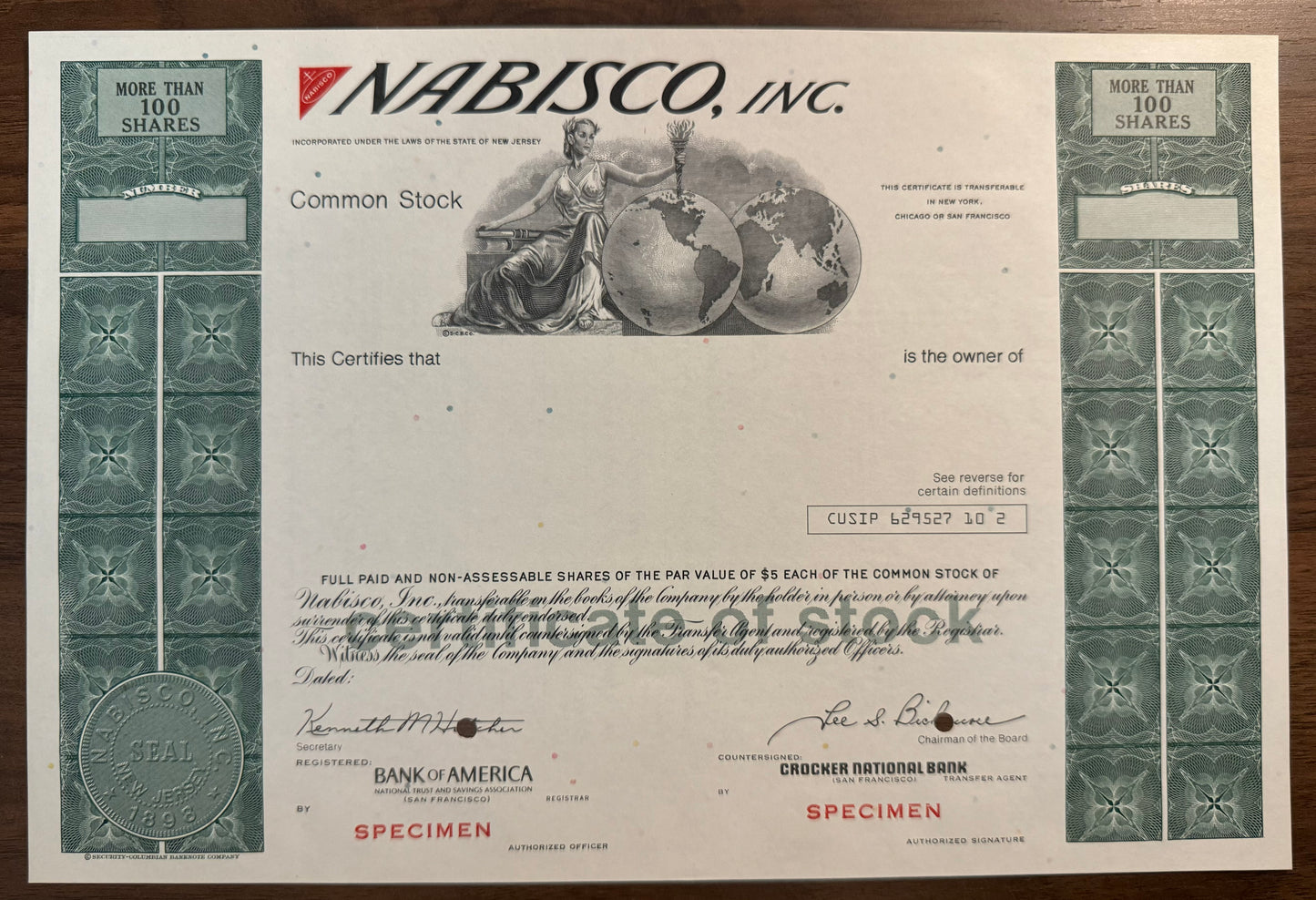 Nabisco Inc, Specimen Stock Certificate