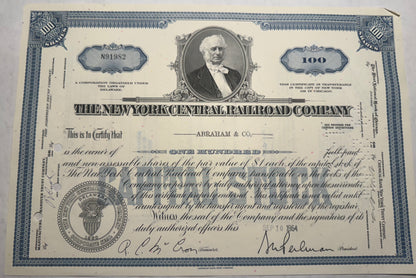 New York Central Railroad Company Stock Certificate from 1964