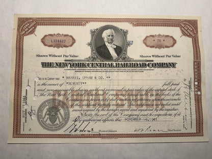 New York Central Railroad Company Stock Certificate from 1964