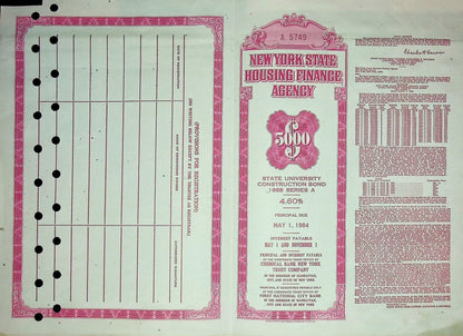 New York State Housing Authority Bond Certificate 1973