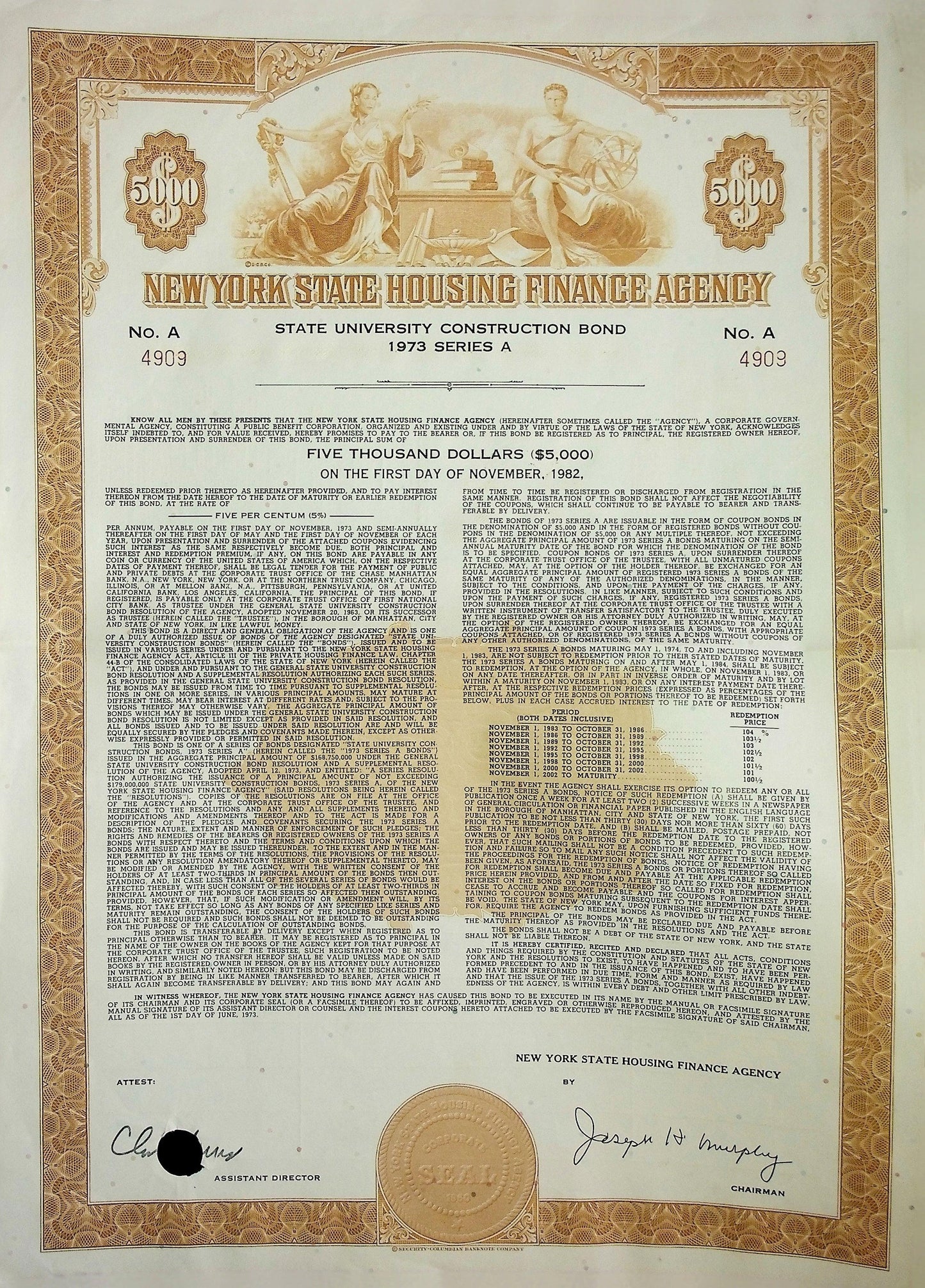 New York State Housing Authority Bond Certificate 1973