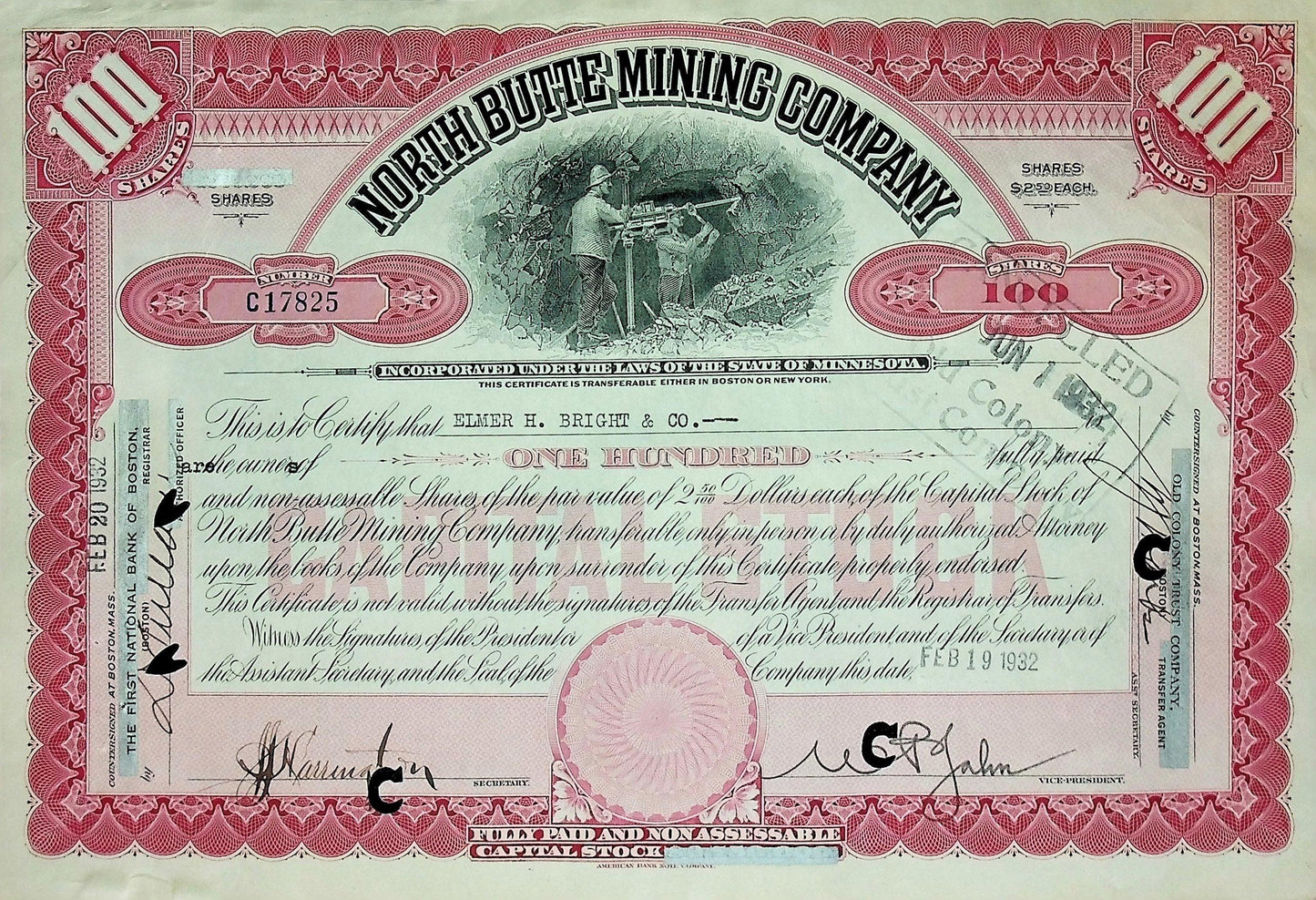 North Butte Mining Company Stock Certificate 1920s/30s