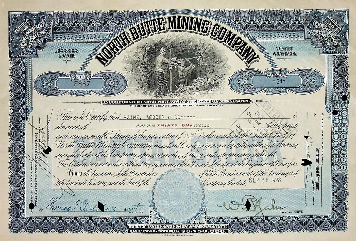 North Butte Mining Company Stock Certificate 1920s/30s