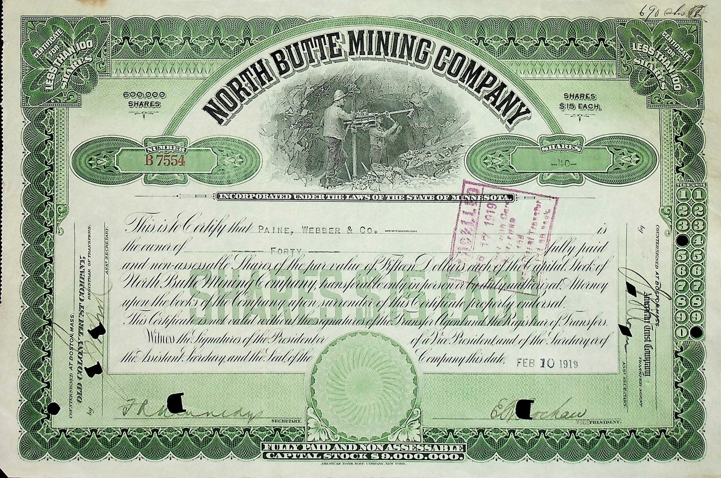 North Butte Mining Company Stock Certificate 1920s/30s