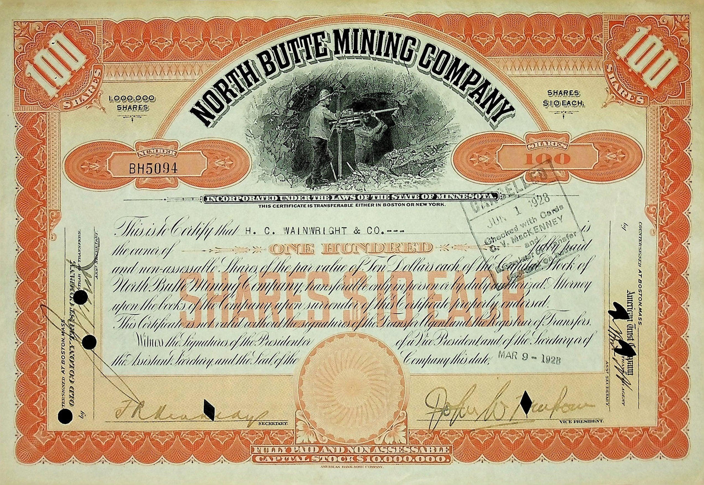 North Butte Mining Company Stock Certificate 1920s/30s