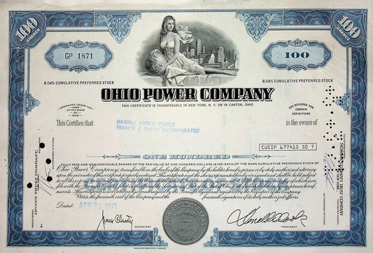 Ohio Power Company (now AEP) Stock Certificate from 1970s