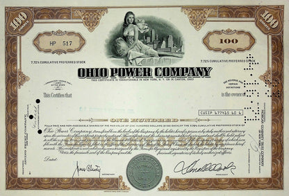 Ohio Power Company (now AEP) Stock Certificate from 1970s