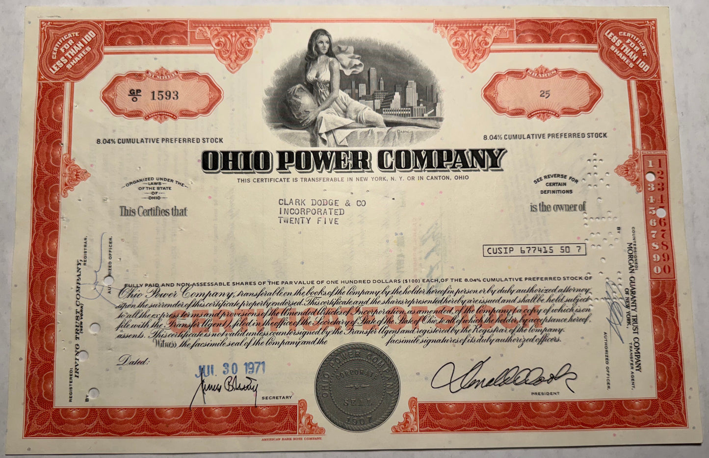 Red Ohio Power Company Stock Certificate. 1971