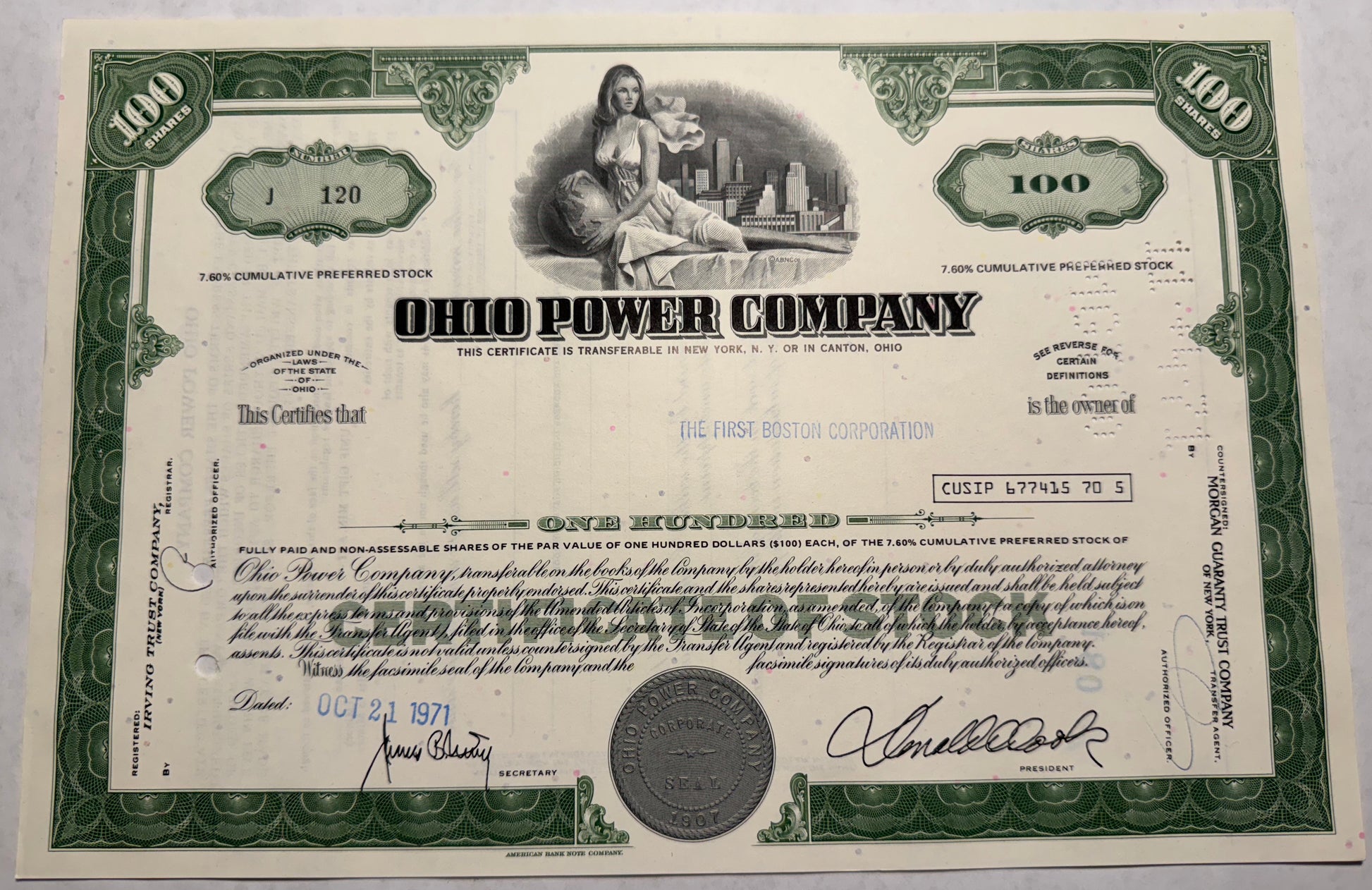 green Ohio Power Company Stock Certificate