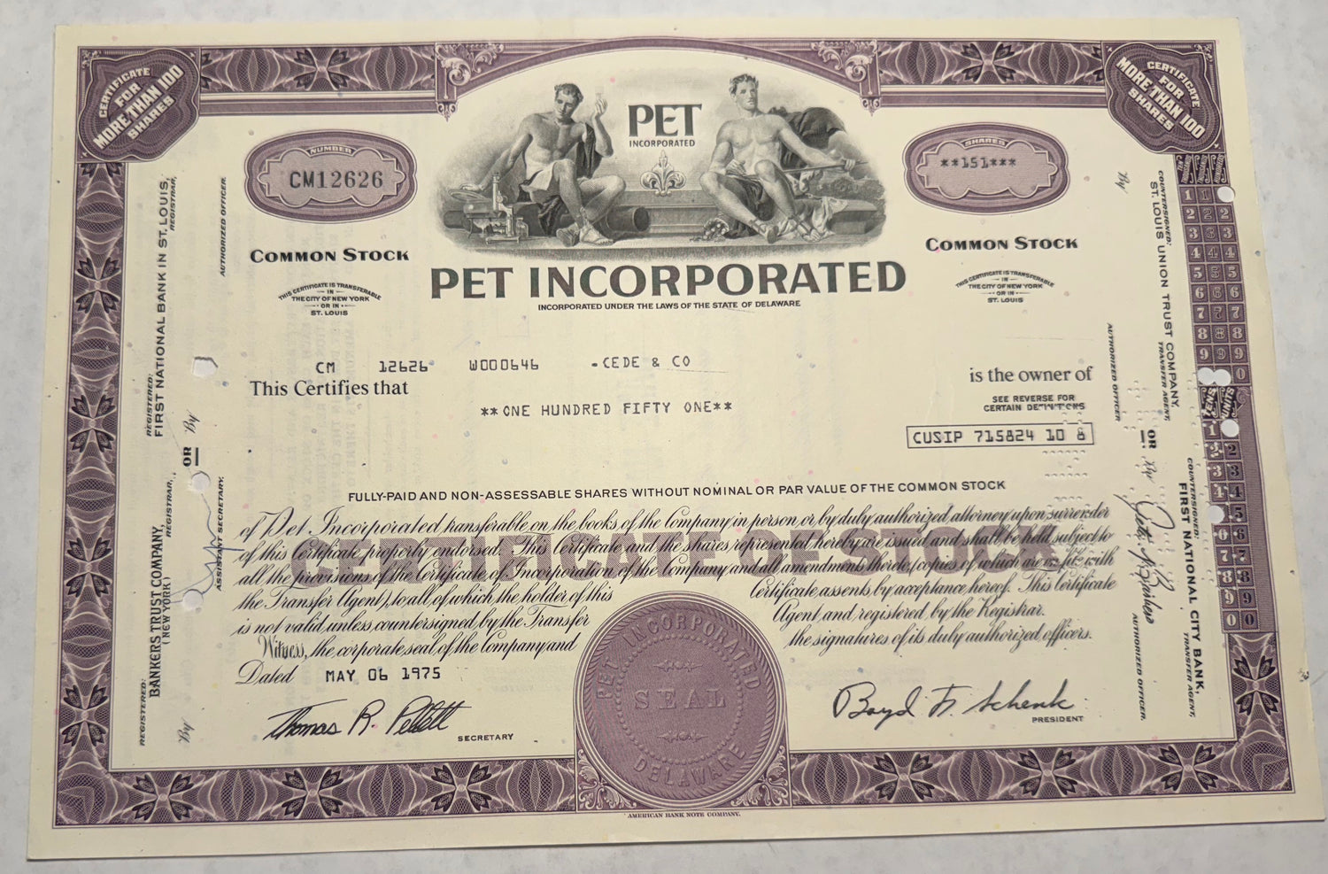 purple stock certificate from PET Incorporated, issued in 1975