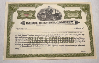 Pabst Blue Ribbon (Unissued!) Stock Certificate