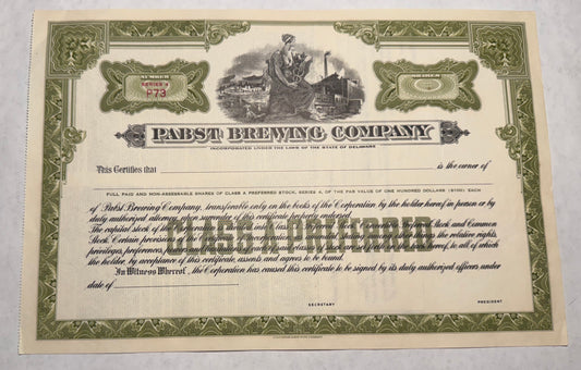 Pabst Blue Ribbon (Unissued!) Stock Certificate