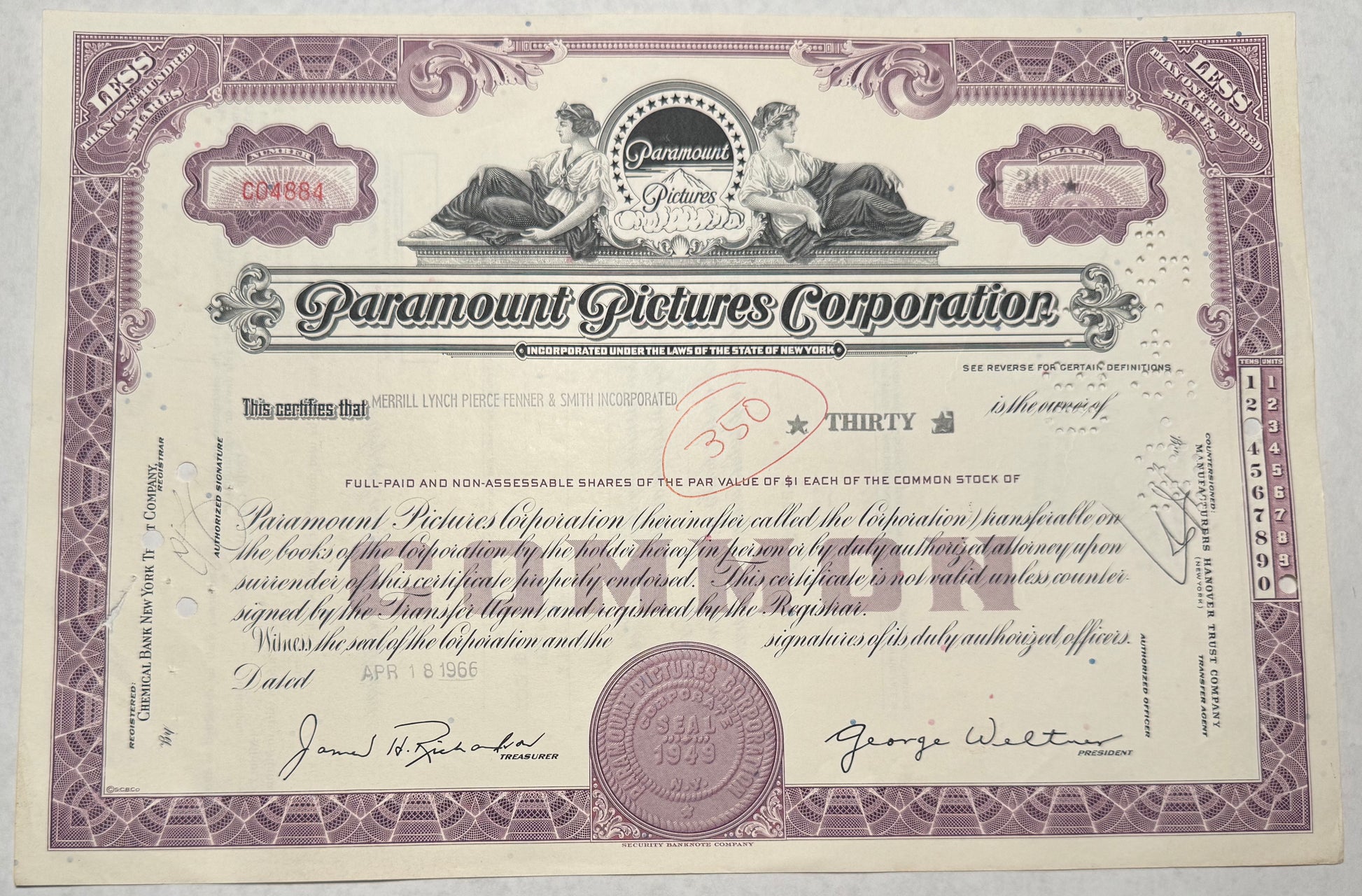 Paramount Pictures Stock Certificate