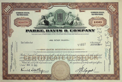 Park, Davis and Company (now Pfizer) Stock Certificate