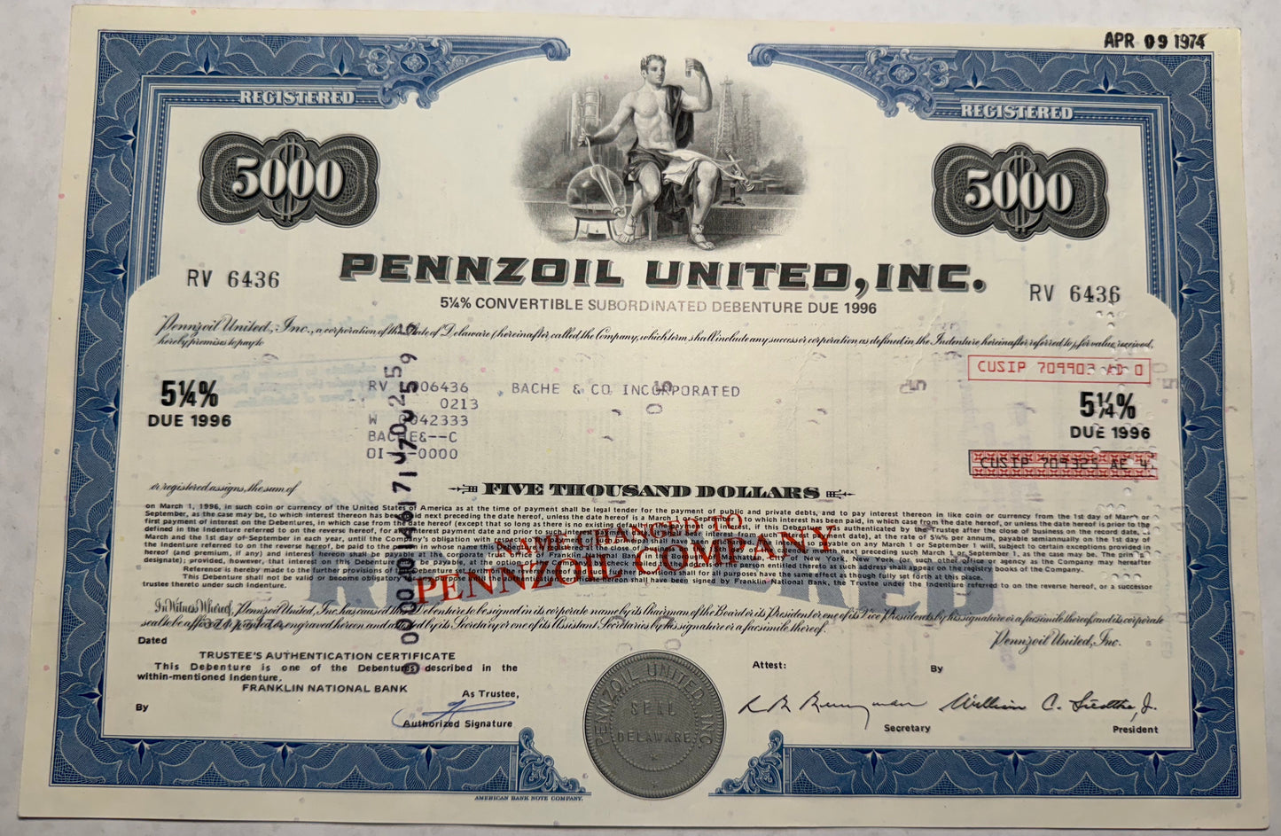 Blue Pennzoil United Bond Certificate for $5,000 - 1974