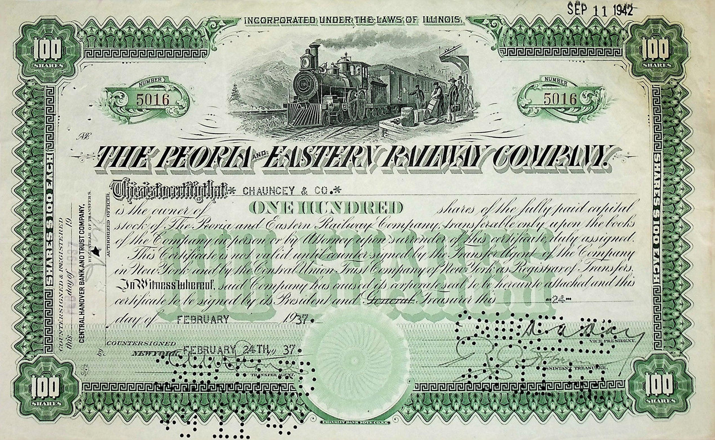 Peoria and Eastern Railway Stock Certificate