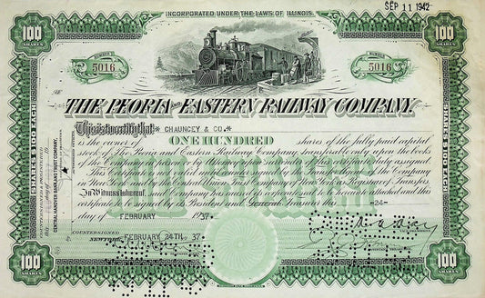 Peoria and Eastern Railway Stock Certificate