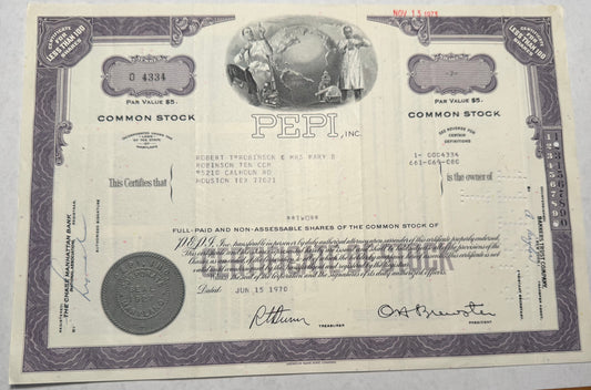 Purple PEPI Stock Certificate 1970