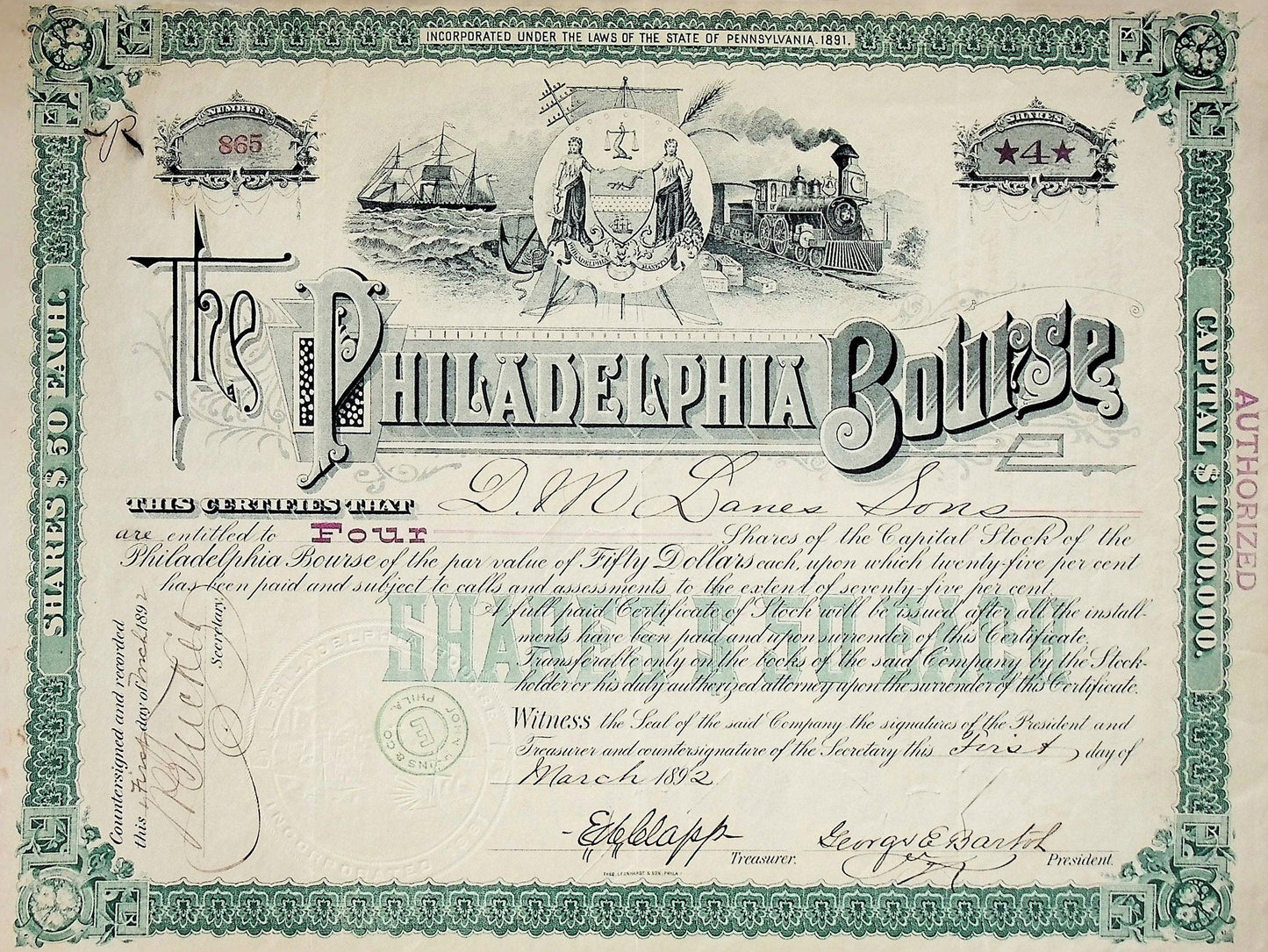 The Philadelphia Bourse Stock Certificate 1890s (Commodities Exchange)