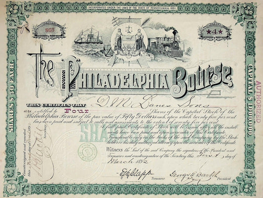 The Philadelphia Bourse Stock Certificate 1890s (Commodities Exchange)