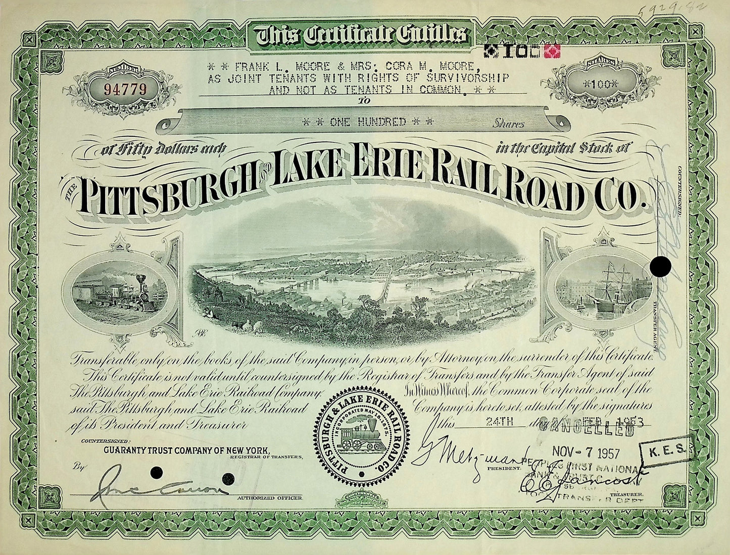 Pittsburgh and Lake Erie Railroad Co Stock Certificate from 1950s