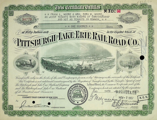 Pittsburgh and Lake Erie Railroad Co Stock Certificate from 1950s