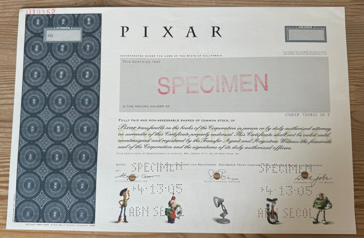 Pixar Stock Certificate with Steve Jobs Signature printed (2005)