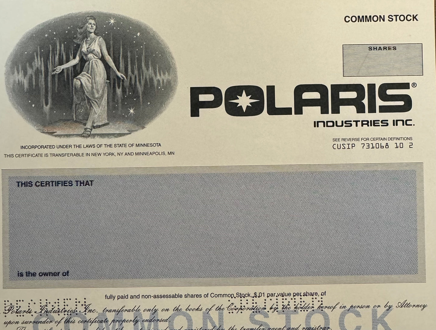 Polaris Industries, Inc (Snowmobiles) Stock Certificate Specimen