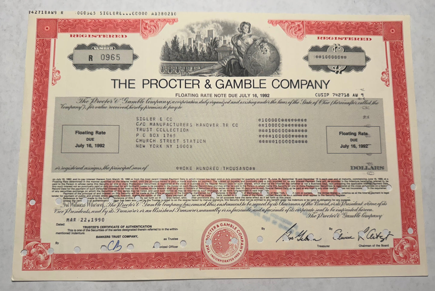 Procter & Gamble (P&G) $100k Bond Certificate