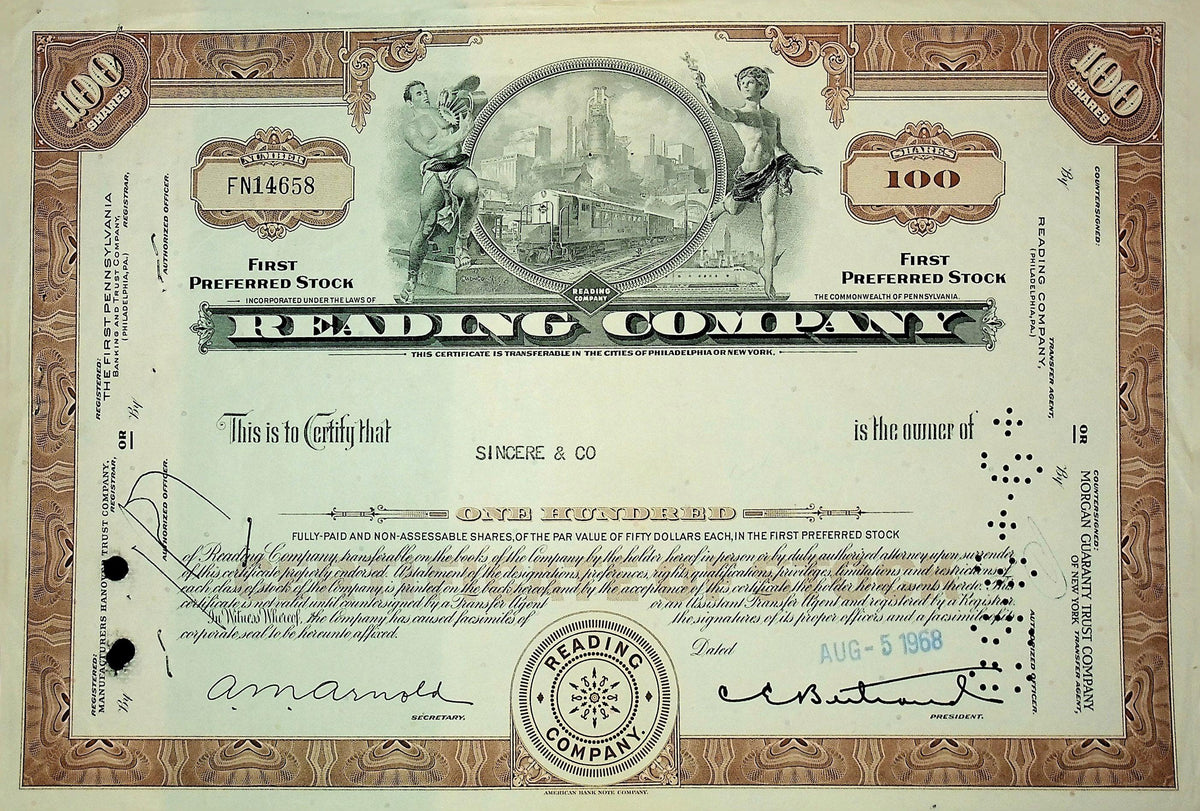 Reading Company (Railroad) Stock Certificate from 1960s – Ticker History