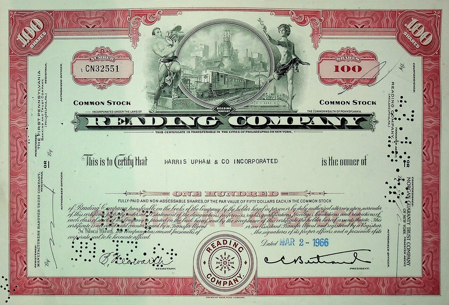 Reading Company (Railroad) Stock Certificate from 1960s