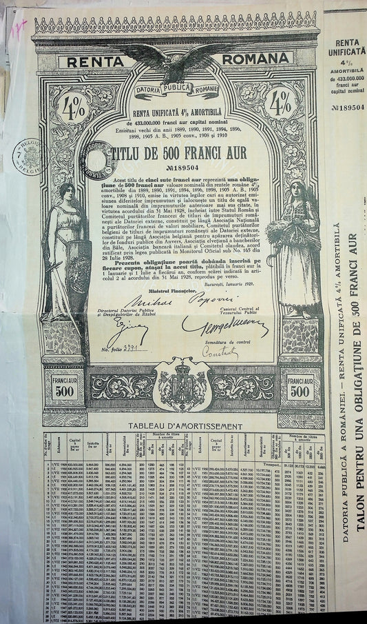 Romanian Government Uncanceled Bond (Renta Romana) - 1929 from Bucharest