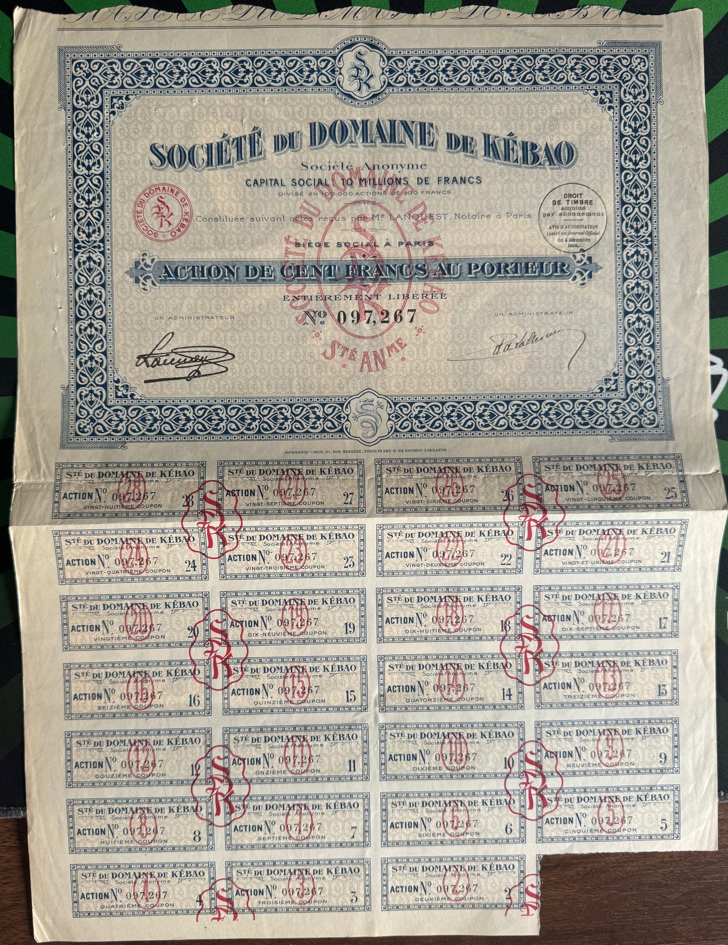 Societe Du Domain De Kebao (French/ Vietnam Coal Mining) Bond Certificate