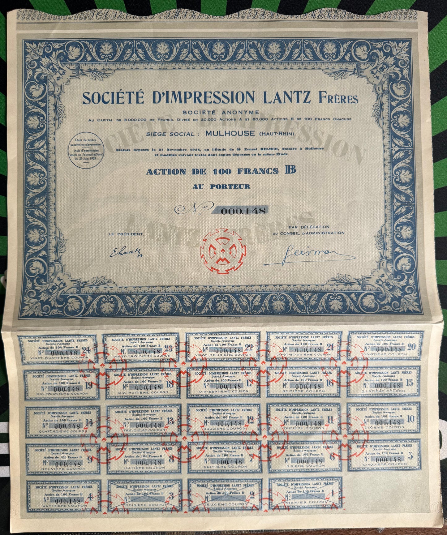 Societe D'Impression Lantz Feres Bond Certificate w/ Coupons (French Textile Co)