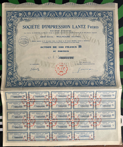 Societe D'Impression Lantz Feres Bond Certificate w/ Coupons (French Textile Co)