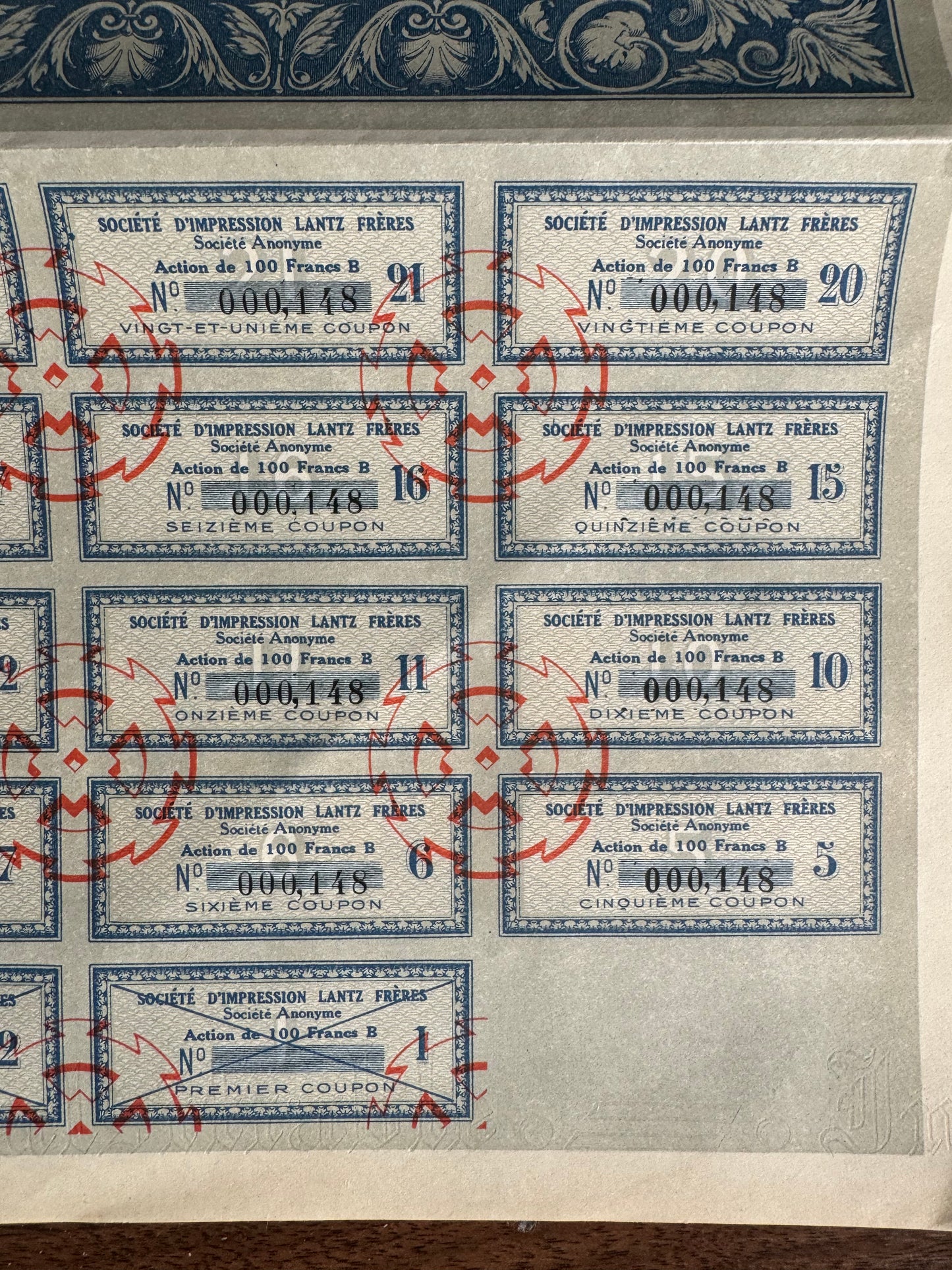 Societe D'Impression Lantz Feres Bond Certificate w/ Coupons (French Textile Co)