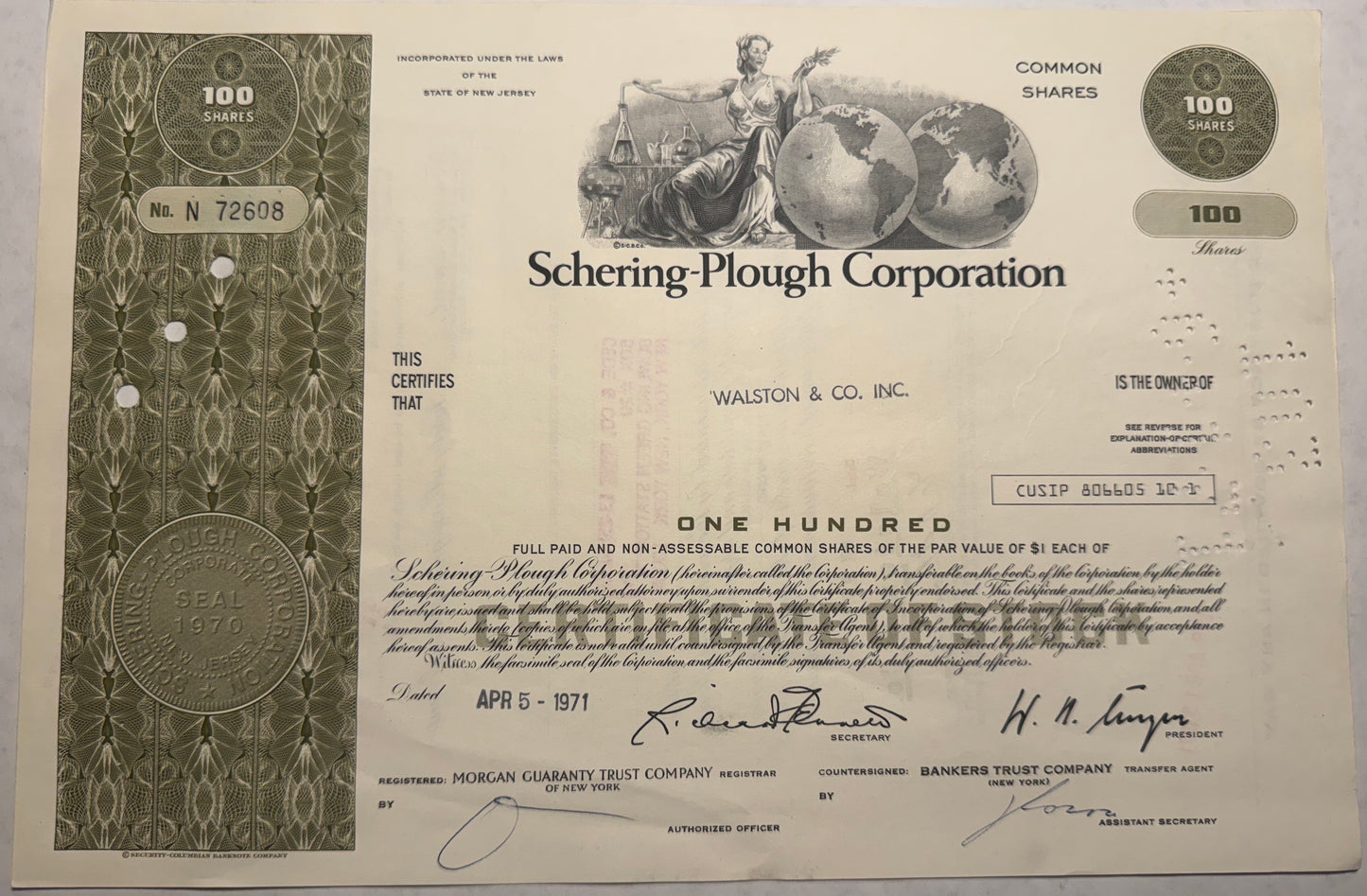 Green Schering Plough Corporation stock certificate